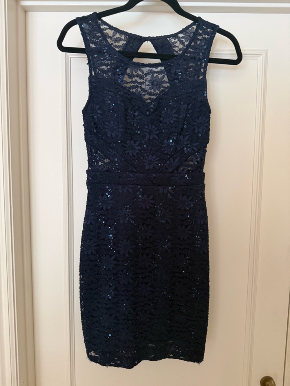 Windsor Elegant Navy Lace Sequin Sheath Dress - Sleeveless